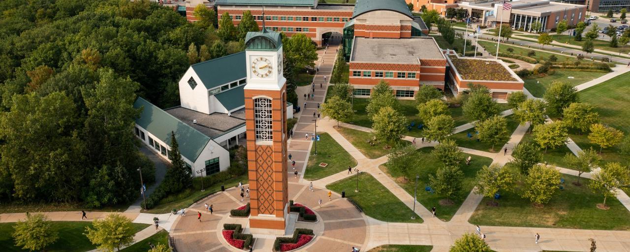 The Grand Valley Allendale Campus shown from above with the Cook Carillon Tower in the foreground